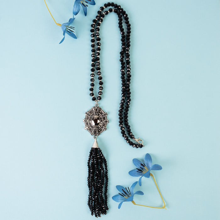 1222 - Crystal Beaded Tassel Necklace - Black