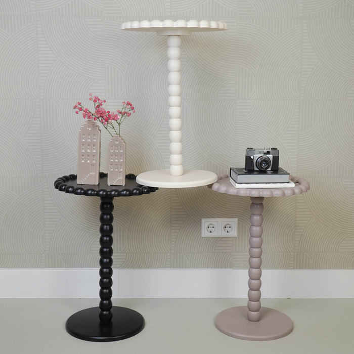 Bijzettafel - Ronde Bijzettafel met Bolletjes Rand en Poot - MDF - Zwart - 38X55cm