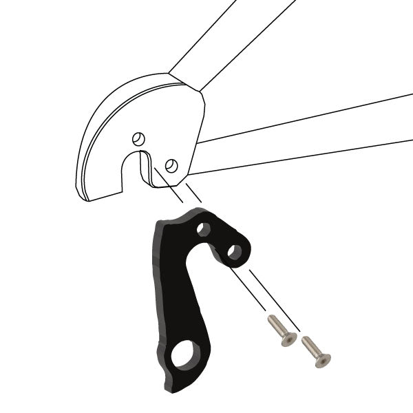 Hanger #101 attaches to the frame's rear dropout from the outside, or derailleur side using two M4x8 screws.