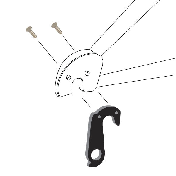 Hanger #163 attaches to the frame's rear dropout from the outside, or derailleur side using two M3x8 flat head screws.