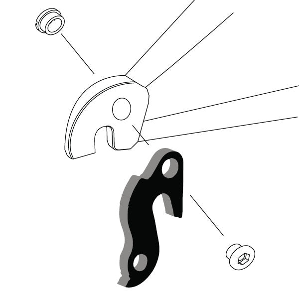 Hanger #8 attaches to the rear dropout from the outside or derailleur side using one M8 chainring bolt.