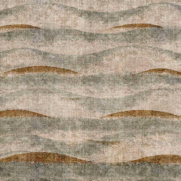 Distressed rug with horizontal wavy bands in shades of beige, sage green, and copper brown.