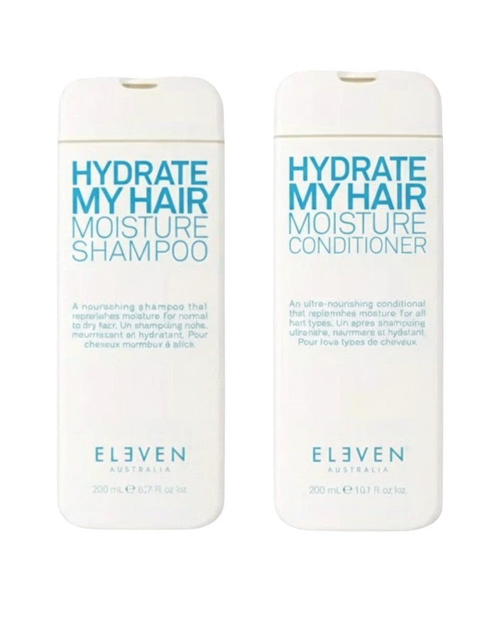 Hair Care Canada: Eleven Australia Hydrate My Hair Shampoo & Conditioner Set, 300ml bottles, white with blue text.