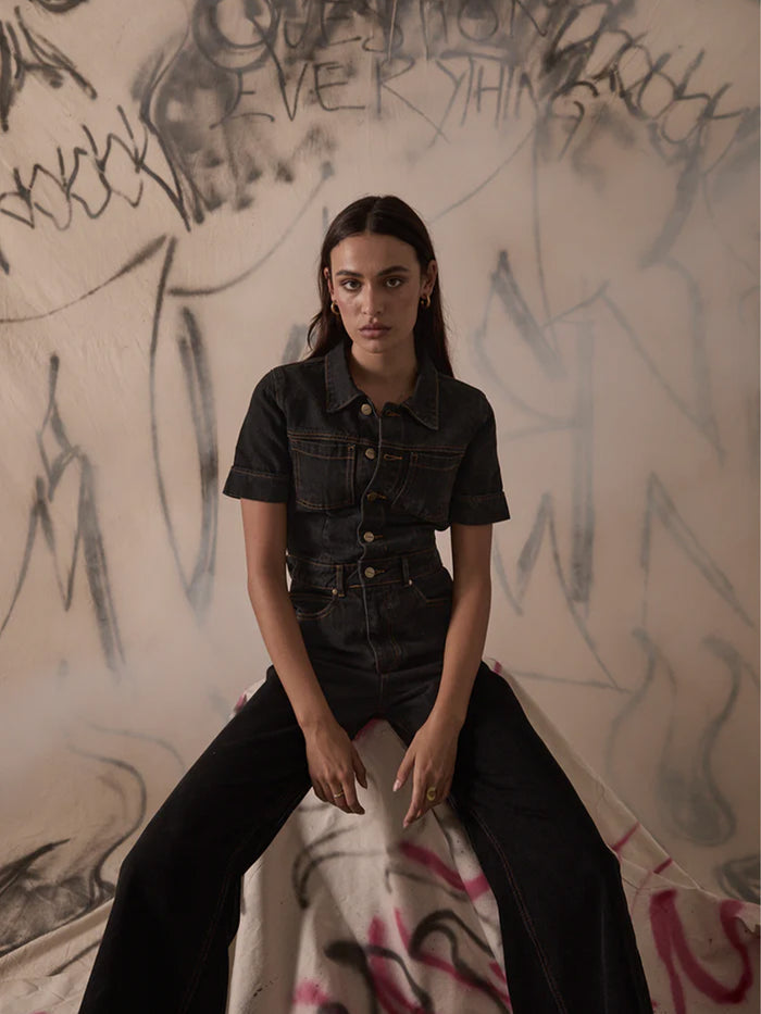 Estrella - Recycled Organic Denim Flared Leg Jumpsuit | Black-Image 5