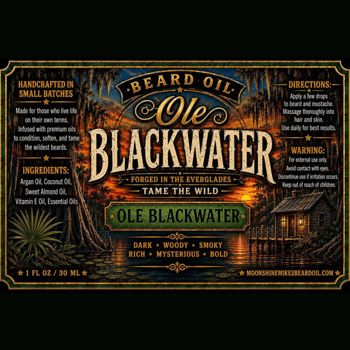Fort Denaud Beard and Skin Ole Blackwater beard oil label featuring a swamp sunset illustration and product details.