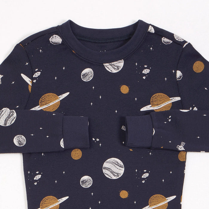 Petit Lem kids galaxy pajama set in Navy with organic cotton rib, elastic cuffs, and elastic waist.