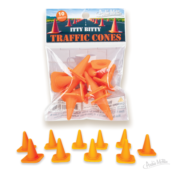 Set of 10 Itty Bitty Traffic Cones in bright orange, with some cones shown in front of the package—great for playful desk decor or creative displays.