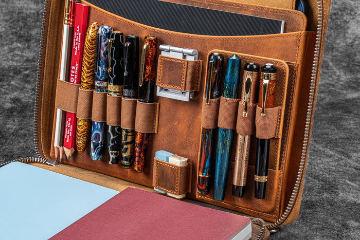 Leather Compendium Bag - A4 Zippered Folio Organizer - Crazy Horse Brown