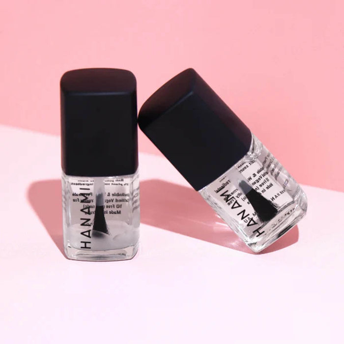 Two nail polish bottles with black caps on a pink background.