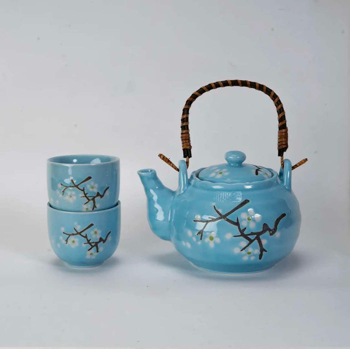 lue Sakura Cherry Blossoms Tea Set 22oz Tea Pot with 2 Cups