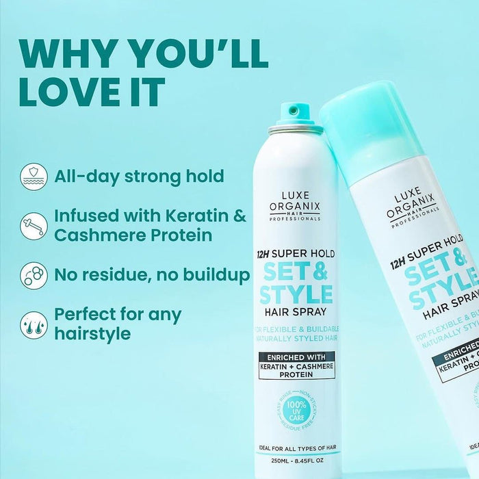 Luxe Organix 12H Super Hold Set & Style Hair Spray 250ml بخاخ تثبيت الشعر لوكس أورجانيكس سوبر هولد لمدة 12 ساعة وتصفيفه - Princess Cosmetics Qatar