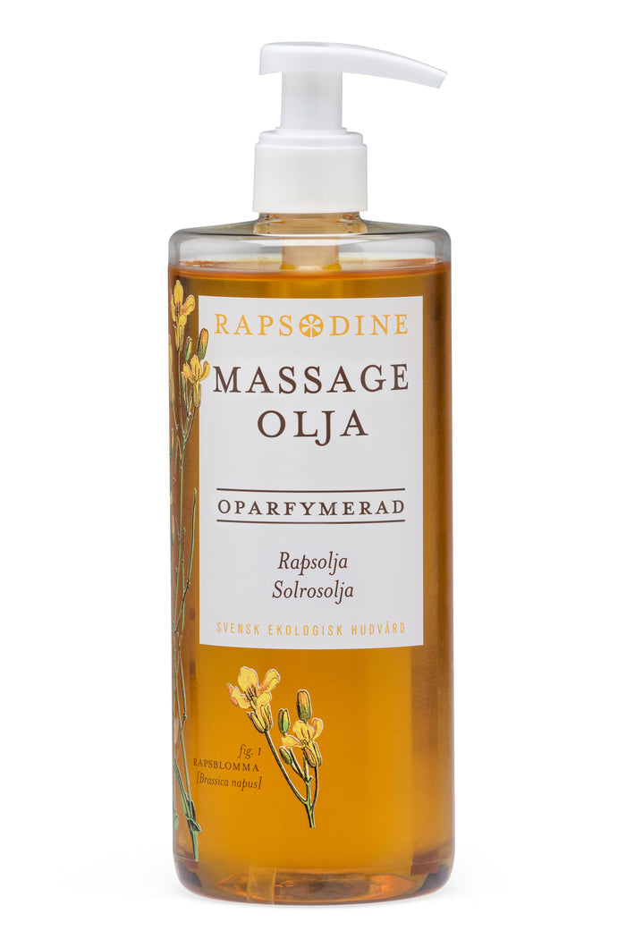 Svensk, ekologisk och vegansk massageolja, oparfymerad, 500 ml från Rapsodine