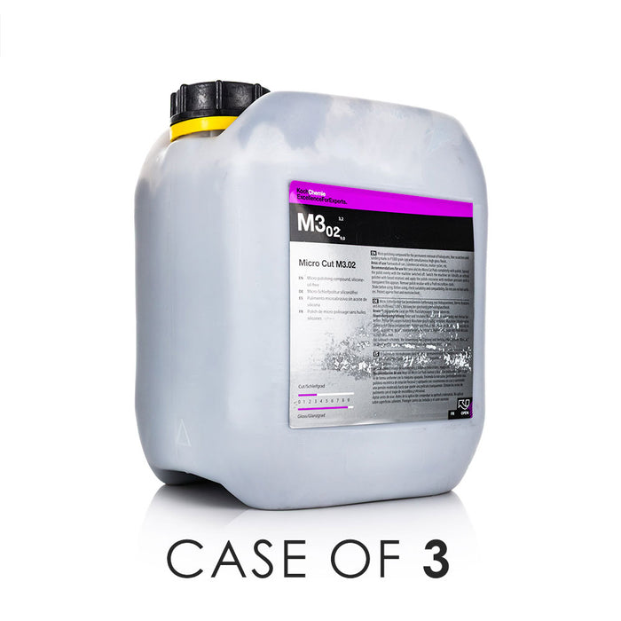 KochChemie Micro Cut 5 Liter bottle front view with the text "Case of 3" on a white background.