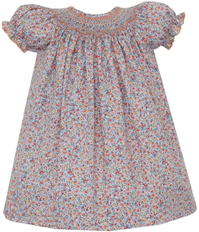 Petit Bebe Alice Lt. Blue/Orange Print Bishop Dress