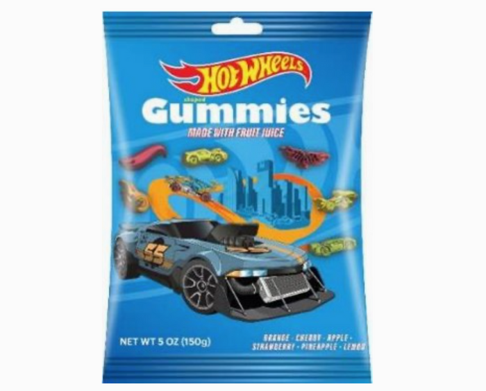 Hot Wheels Gummies packaging with a blue background and toy car design.