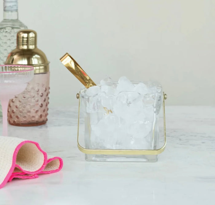 Quart Glass Ice Bucket w Tongs, Gold Finish