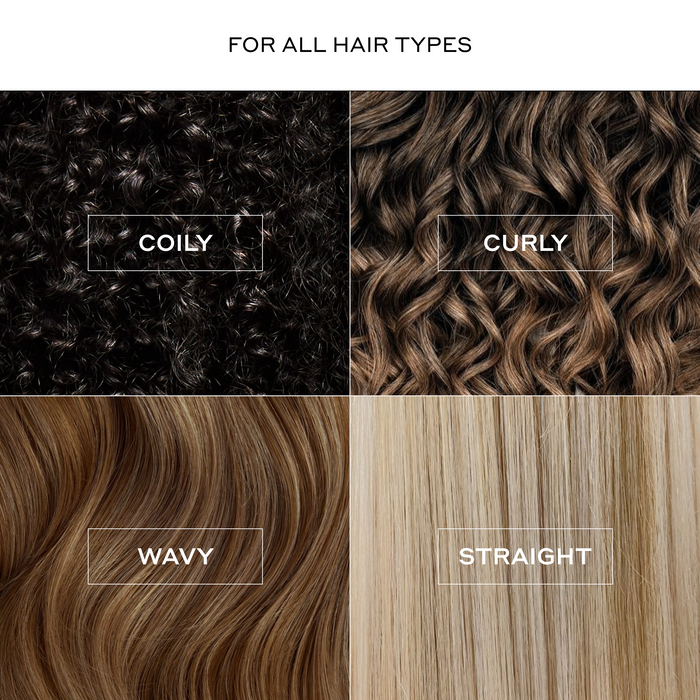 Zenagen Scalp Massager infographic indicating suitability for all hair types, featuring close-up texture squares of coily, curly, wavy, and straight hair.