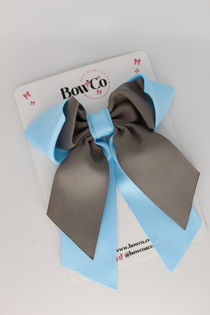 School Bow - Blue Topaz and Grey - Loop Tail Hair Bow - Clip