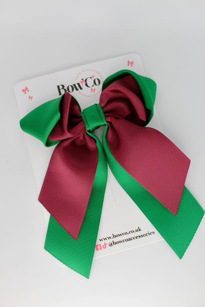 School Bow - Green and Burgundy - Loop Tail Hair Bow - Clip