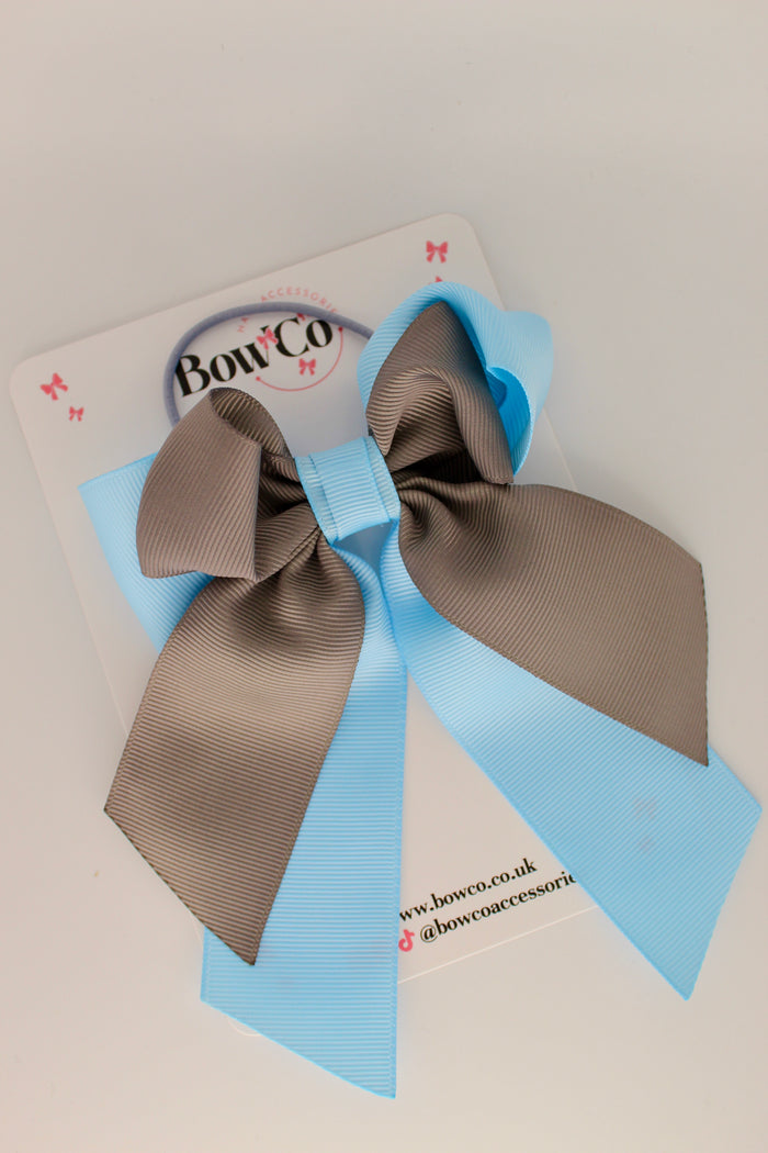 School Bow Blue Topaz and Grey - Loop Tail Bow - Elastic