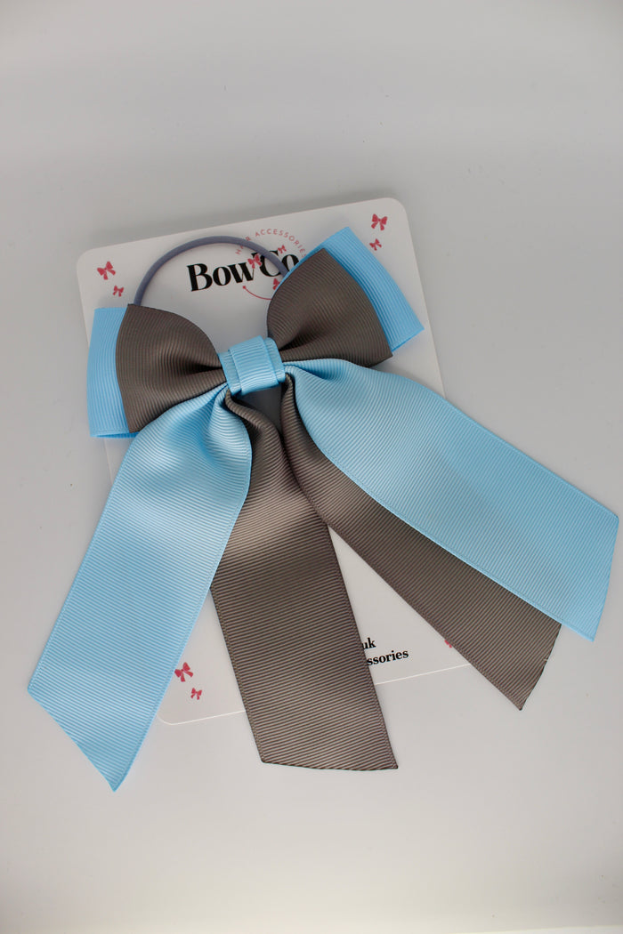 School Bow Blue Topaz and Metal Grey - Double Layer Tail Bow – Elastic