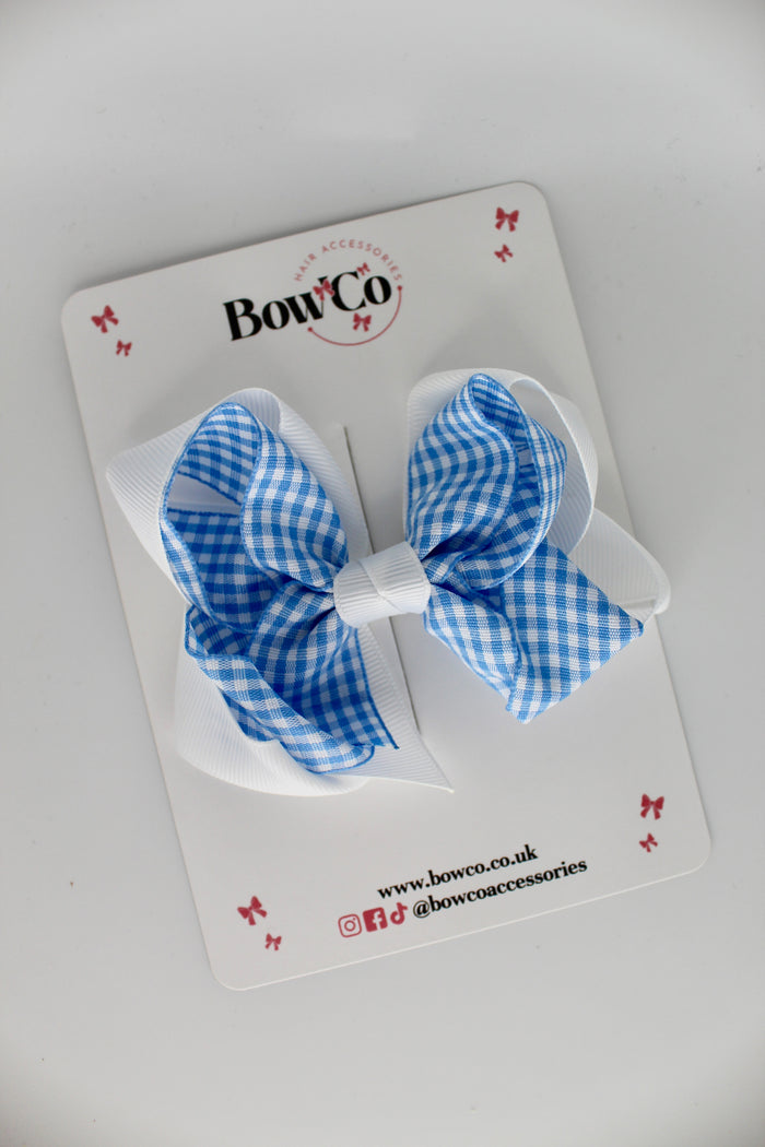 School Bow Light Blue Gingham Double Loop Bow - Clip
