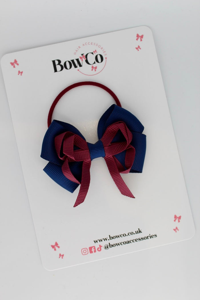 School Bow Navy Blue & Burgundy - Double Bow - Elastic