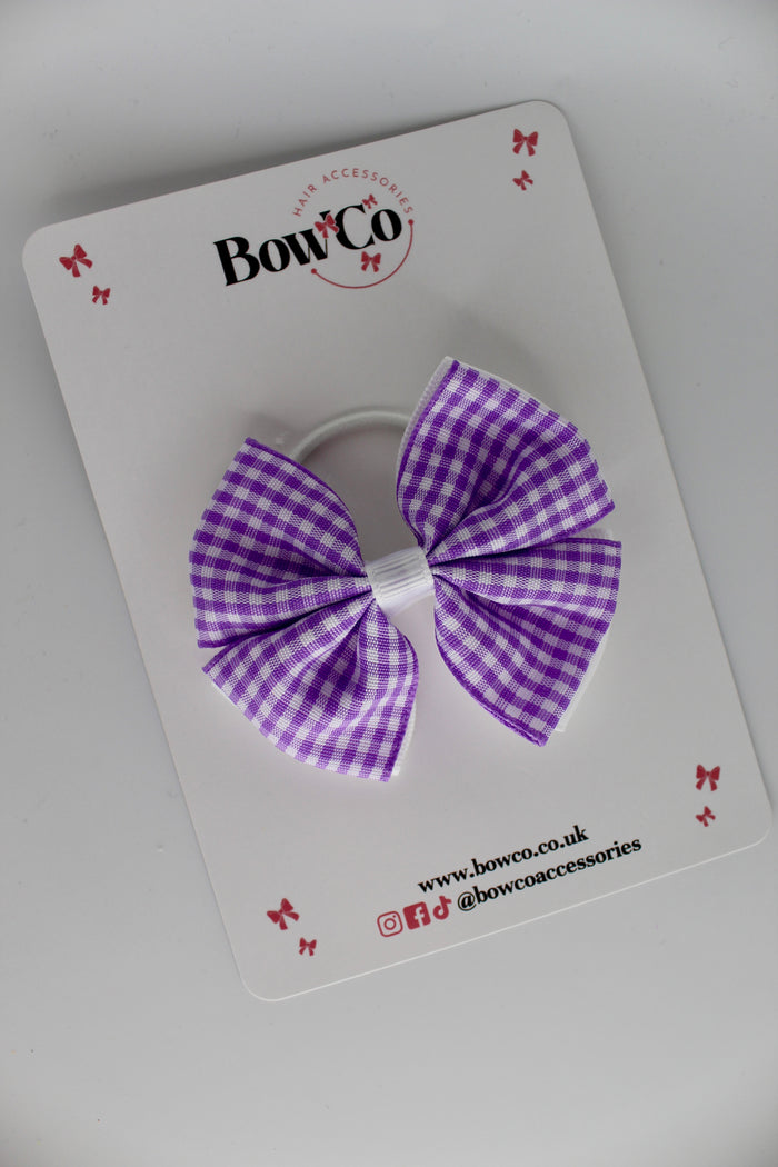 School Lilac Bow Gingham - Double Layer Bow - Elastic