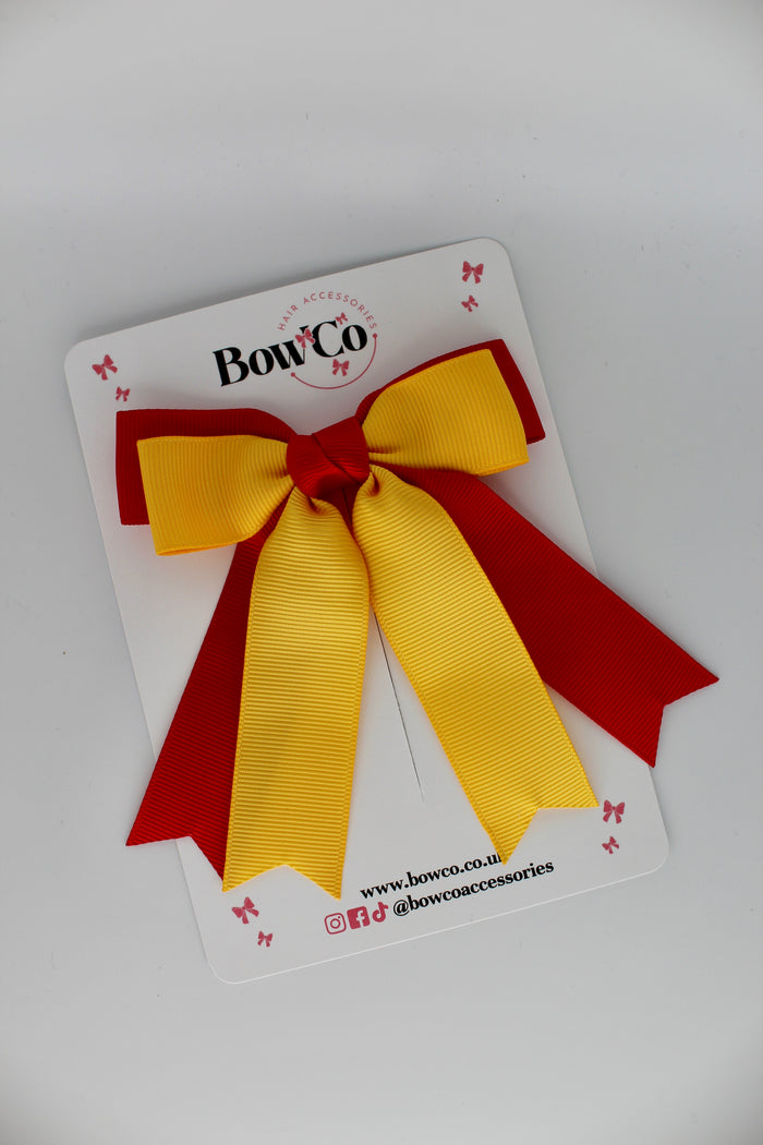 School Red and Yellow Gold Double Ribbon Tail Bow – Clip