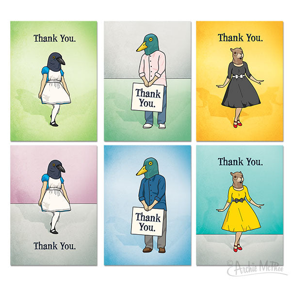 The Thank You Cards Boxed Set includes six cards depicting animals dressed in clothes, each holding a "Thank You" sign against vibrant backgrounds, and crafted on high-quality cardstock.