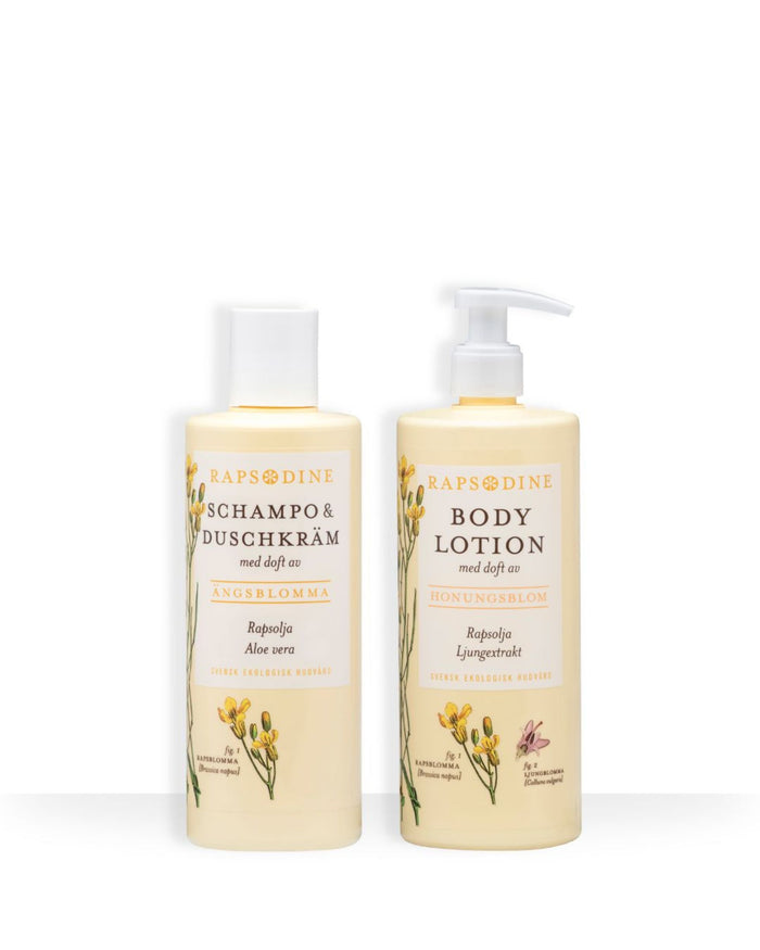 Rapsodines vardagskit för dig med naturlig schampo- och duschkräm samt body lotion med doft av ängsblomma och honungsblom
