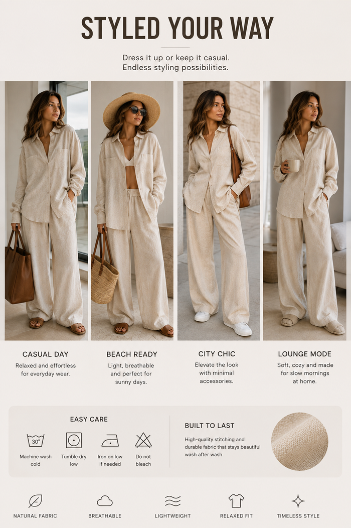 Women's Relaxed Linen-Style 2-Piece Set – Button-Up Shirt & Wide-Leg Pants