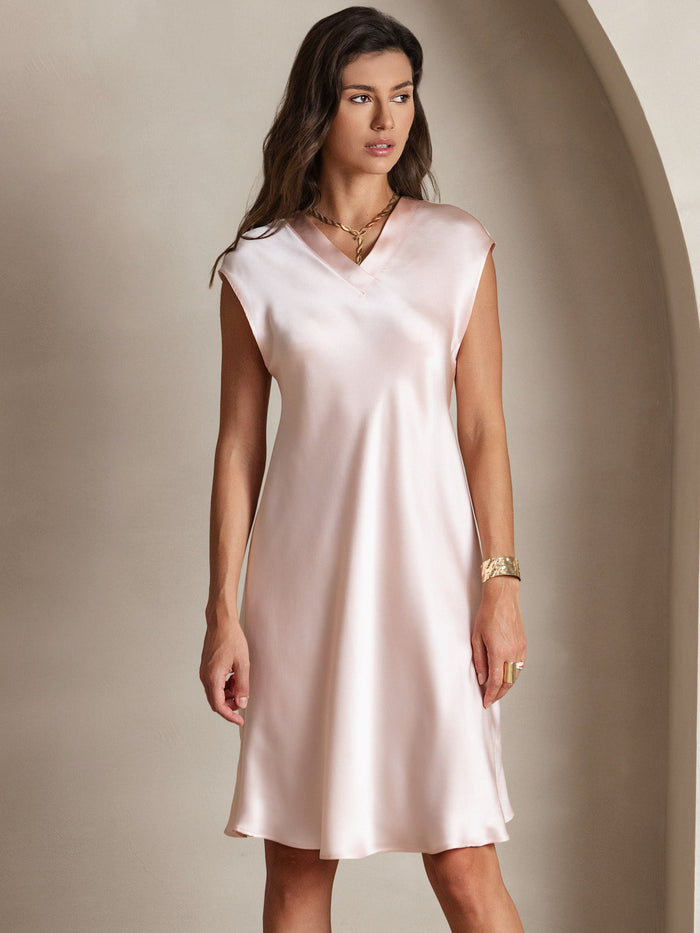 [Pink] SilkSilky  Cap Sleeve V Neck Dress 006