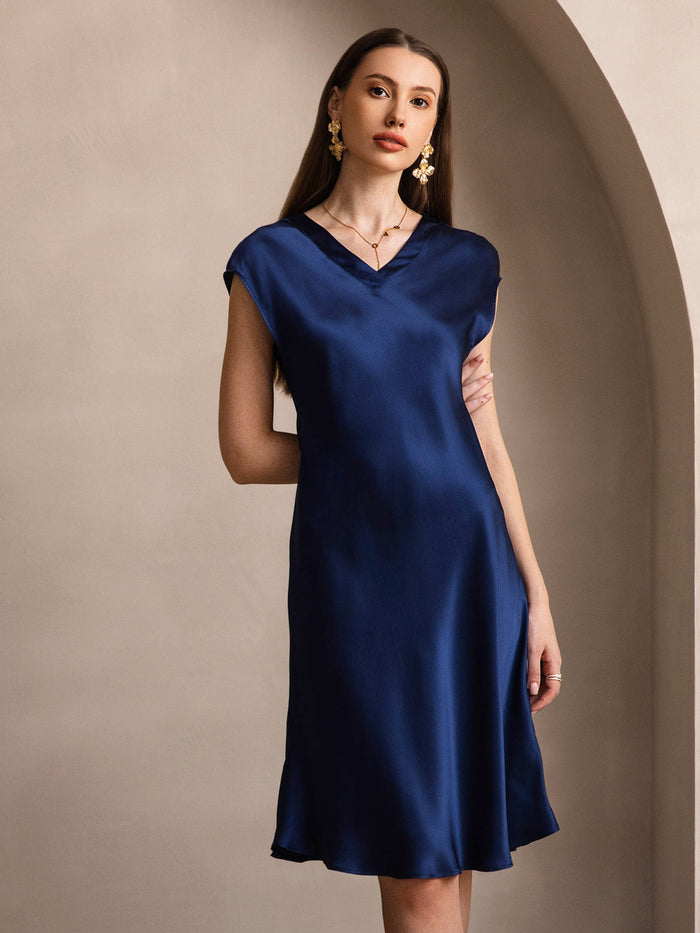 [Dark Blue] SilkSilky  Cap Sleeve V Neck Dress 001