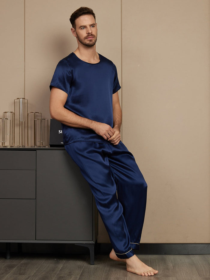 [Dark Blue] SilkSilky  Short Sleeve Round Neck Men's Pajamas 005