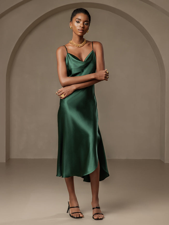 [Dark Green] SilkSilky  Spaghetti Strap Cowl Neck Dress 005