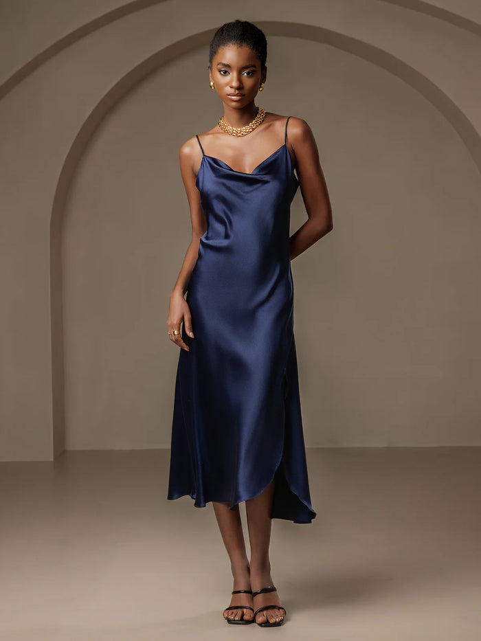 [Dark Blue] SilkSilky  Spaghetti Strap Cowl Neck Dress 001