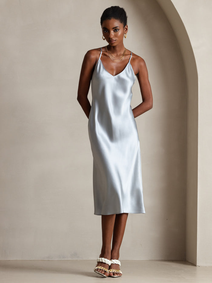 [Grayish Blue] SilkSilky  Spaghetti Strap V Neck Dress 001