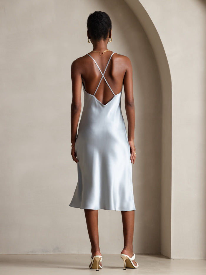 [Grayish Blue] SilkSilky  Spaghetti Strap V Neck Dress 002