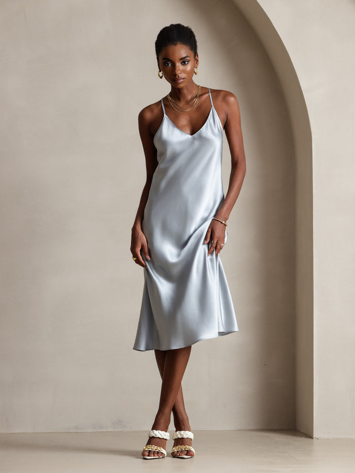 [Grayish Blue] SilkSilky  Spaghetti Strap V Neck Dress 005