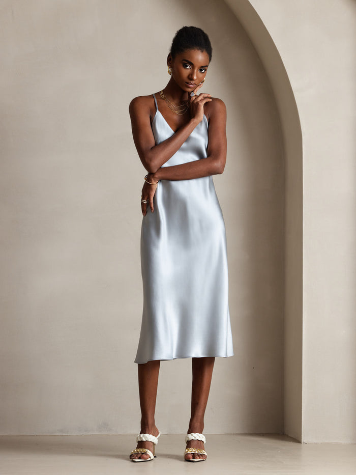 [Grayish Blue] SilkSilky  Spaghetti Strap V Neck Dress 006
