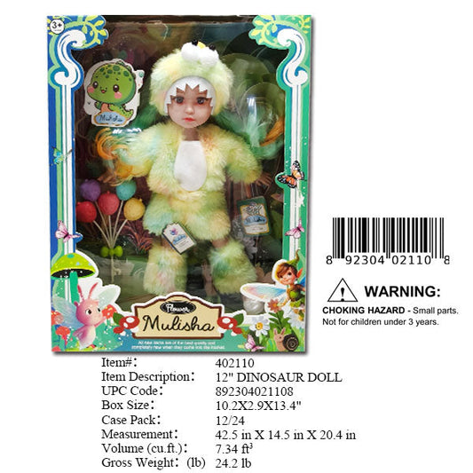 10.X2.9X13.4"12"MULISHA BABY DOLL W/DINO OUTFIT