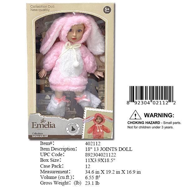 11X3.9X18.5"18"GIRL DOLL W/BUNNY OUTFIT