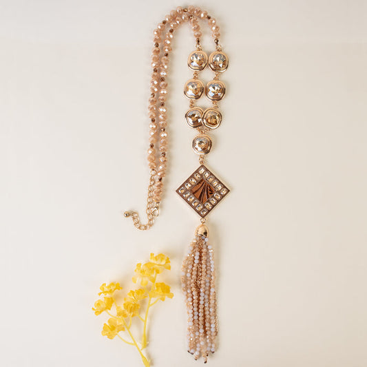 1225 - Crystal Beaded Tassel Necklace - Champagne