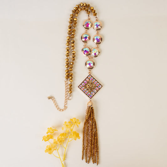 1225 - Crystal Beaded Tassel Necklace - Gold