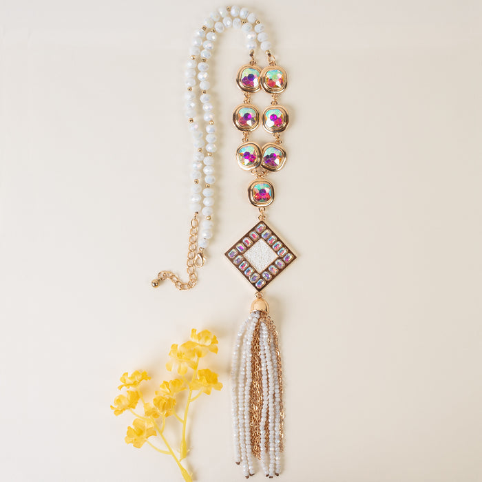 1225 - Crystal Beaded Tassel Necklace - White
