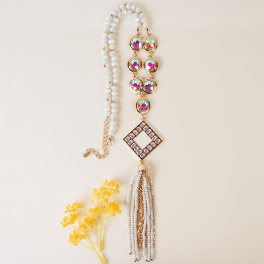 1225 - Crystal Beaded Tassel Necklace - White