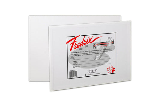 A pack of FREDRIX Artist Quality canvas panels boards, white in color, with packaging displaying the brand and product details.