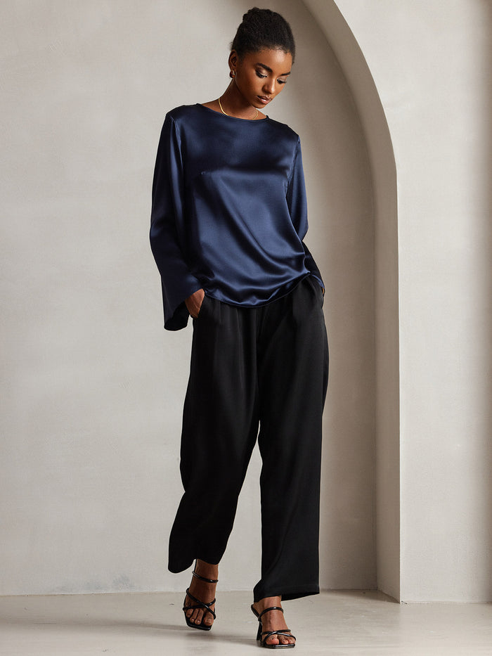 [Dark Blue] SilkSilky  Long Sleeve Boat Neck Women's Blouse 004