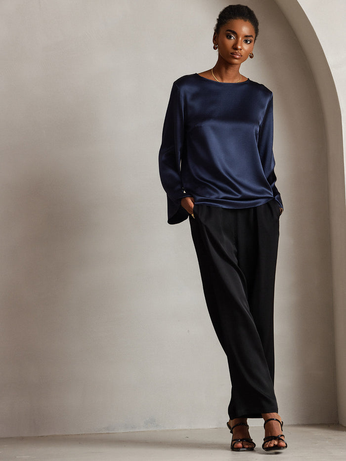 [Dark Blue] SilkSilky  Long Sleeve Boat Neck Women's Blouse 006